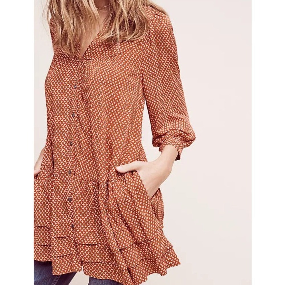 Anthropologie Holding Horses Orange Geometric Print Tiered Babydoll Tunic S Boho